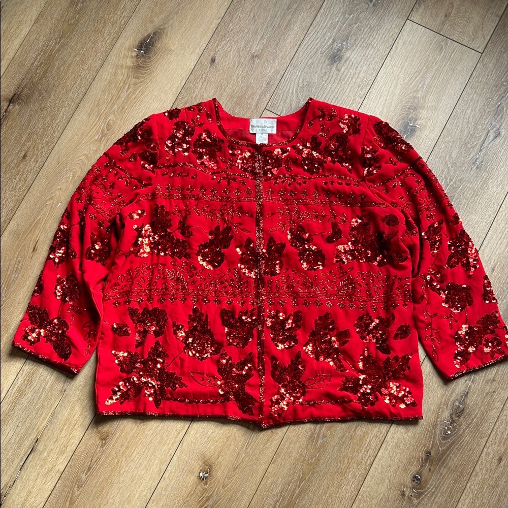 VTG DRAPER'S AND DAMON'S SILK BEADED SEQUIN BLAZER JACKET SIZE 1X Red Holiday